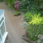 Garden backing onto Humberstone Rd.  Floodwater came through hedge  boundary – a raging torrent approx 20 inches deep along the recently constructed footpath